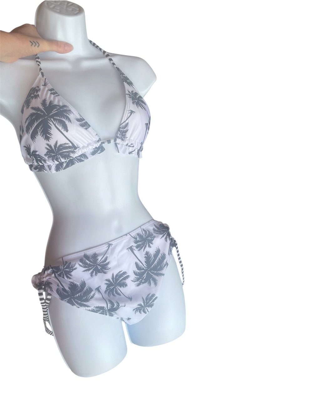 Women's Tropical Palm Print Triangle Bikini - White & Gray